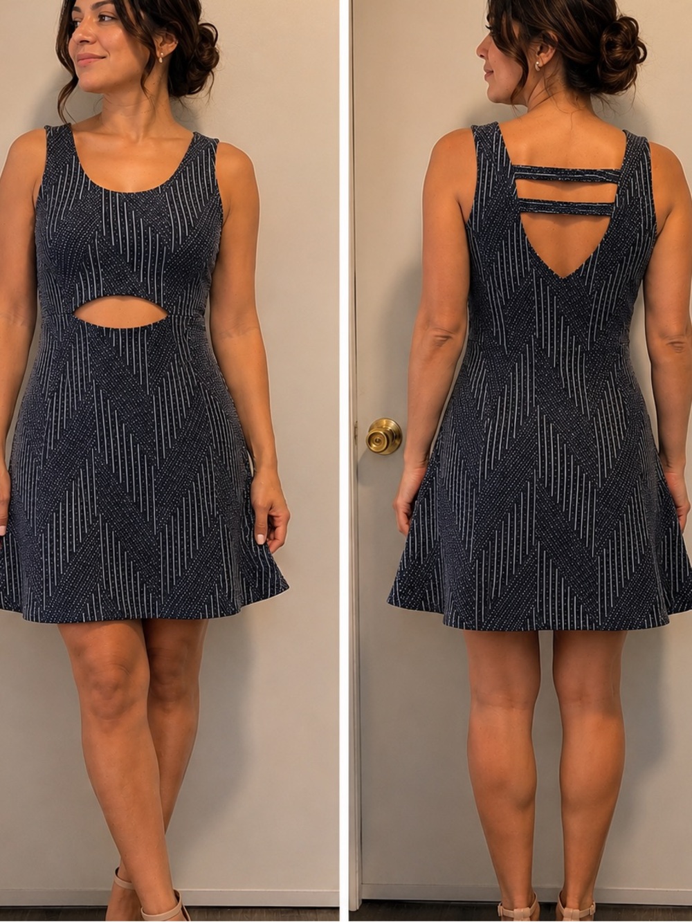 Sleeveless Blue & White Chevron Knit Dress with Cutout- MEDIUM